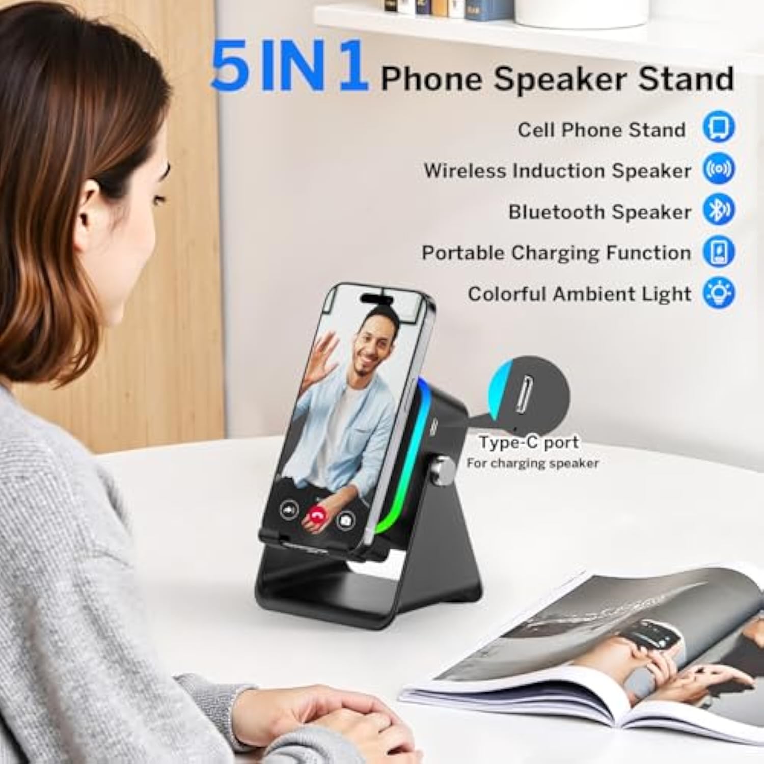 Gaodas 027 Wireless Induction Speaker 5-in-1 Bluetooth Speaker with Phone Stand Rechargeable RGB Ambient Light 360° Holder for Phone Pad