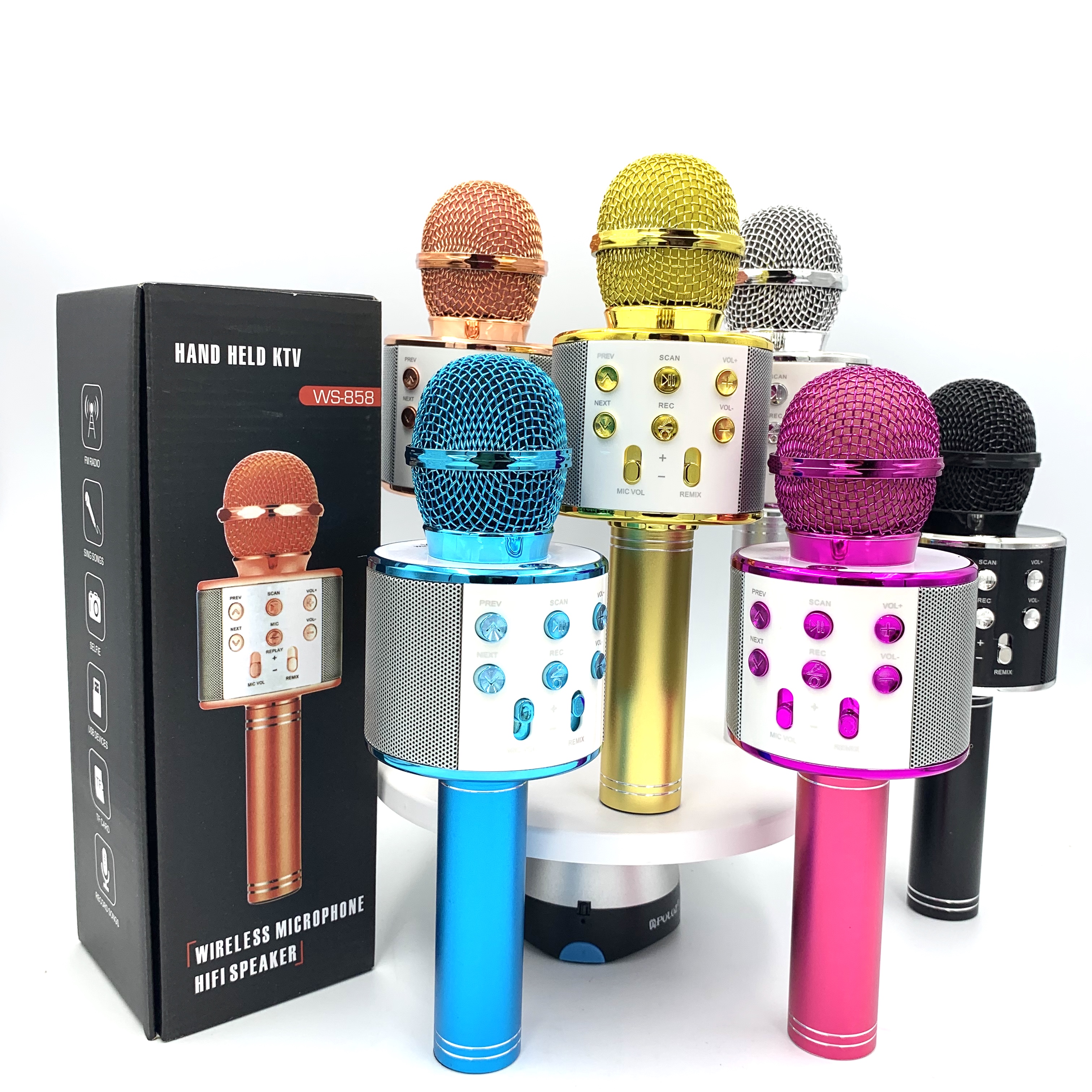 WS-858 Portable Wireless Karaoke Microphone with Speaker, Voice Effect, Recording, FM Radio, Supports TF Card/USB, Dual Connection (Bluetooth & Audio Cable), for Mobile/PC/Tablet, KTV Party Mic