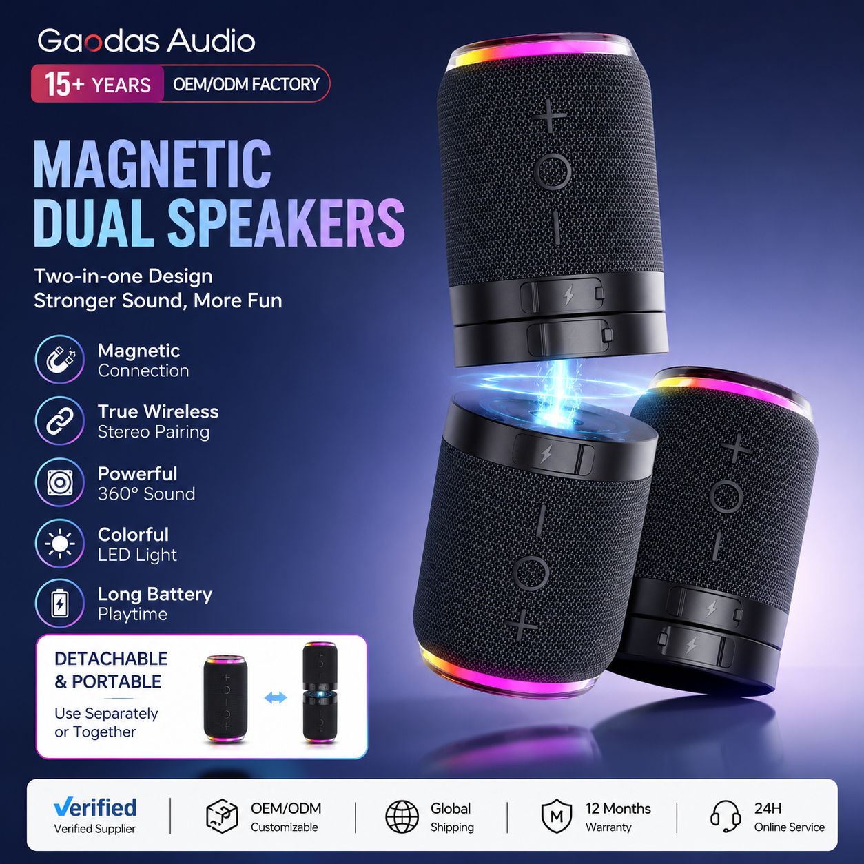 Magnetic TWS Bluetooth Speaker with RGB Lights and Stereo Pairing
