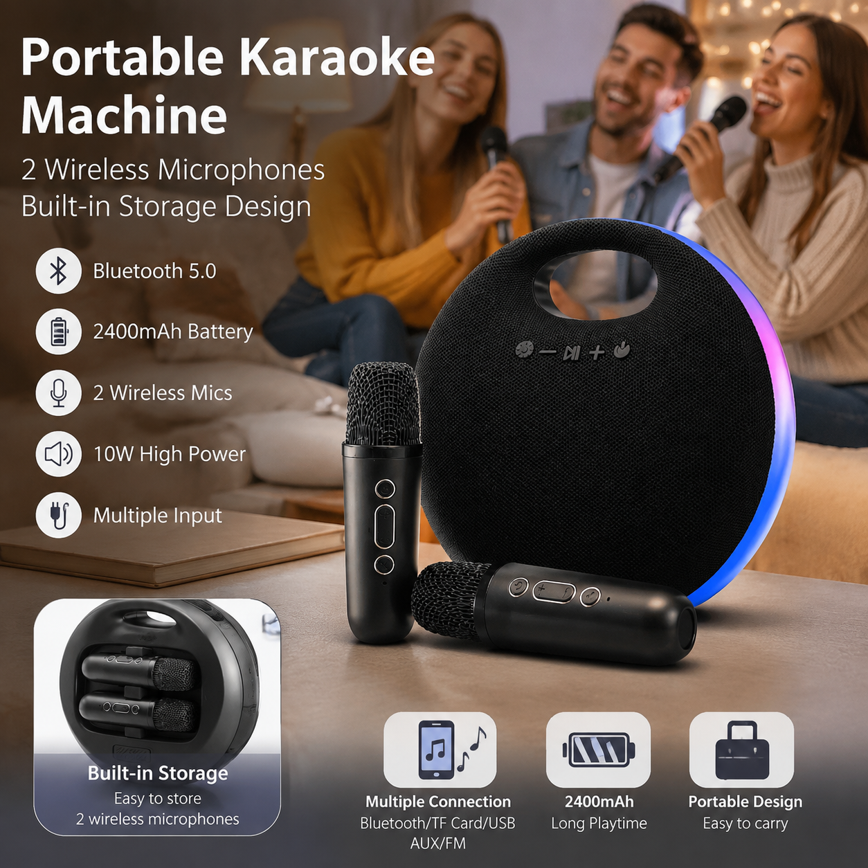 Karaoke Machine with 2 Wireless Microphones