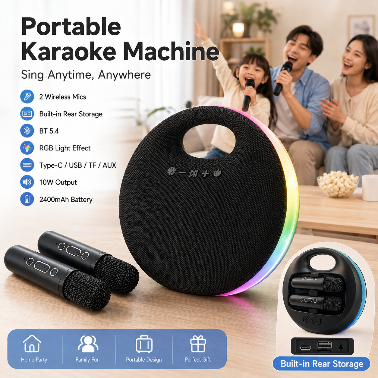 Portable Karaoke Machine with 2 Wireless Microphones – Perfect Home Party Entertainment Solution