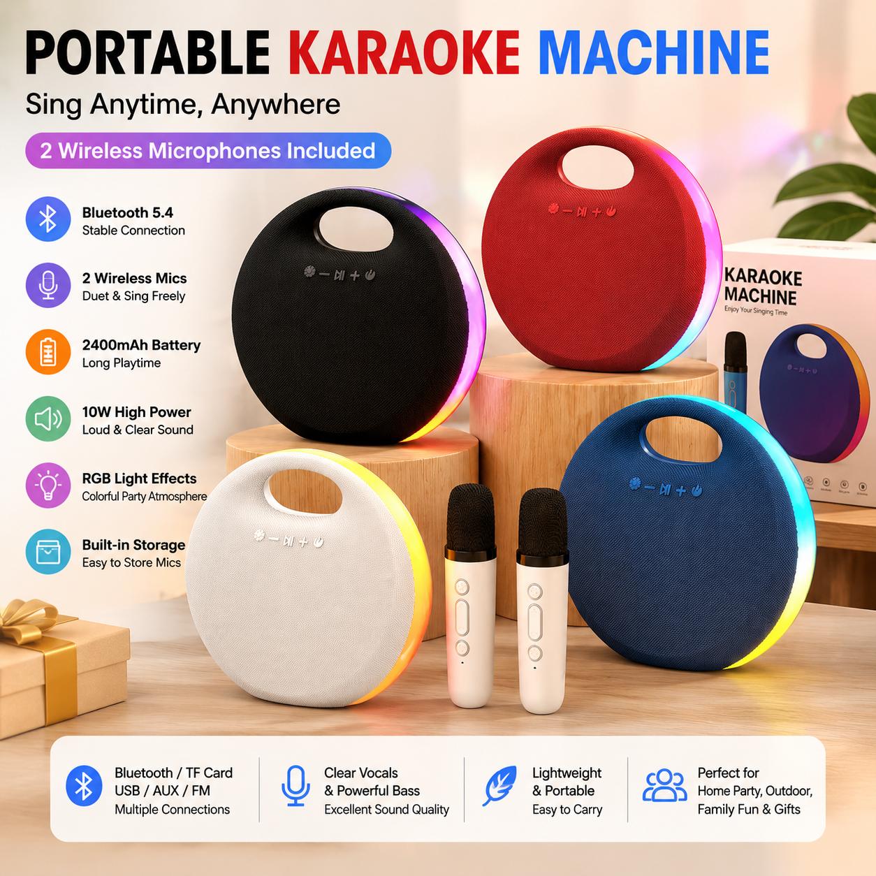 Portable Karaoke Machine with 2 Wireless Microphones – Wireless Singing Fun Anywhere