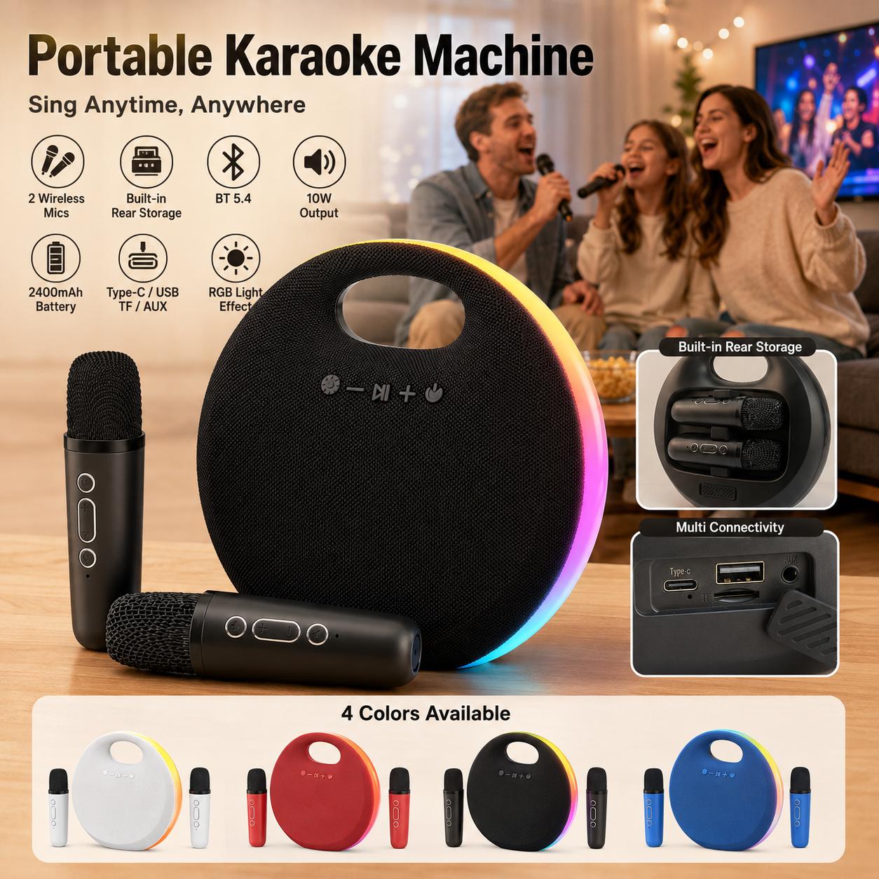 Portable Karaoke Machine with 2 Wireless Microphones – Wireless Singing Entertainment for Home, Party and Outdoor Fun