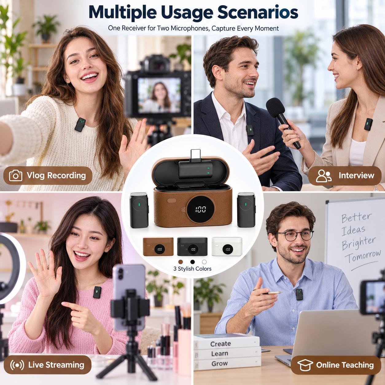 1-to-2 Wireless Lavalier Microphone Kit with Charging Case & Type-C Receiver