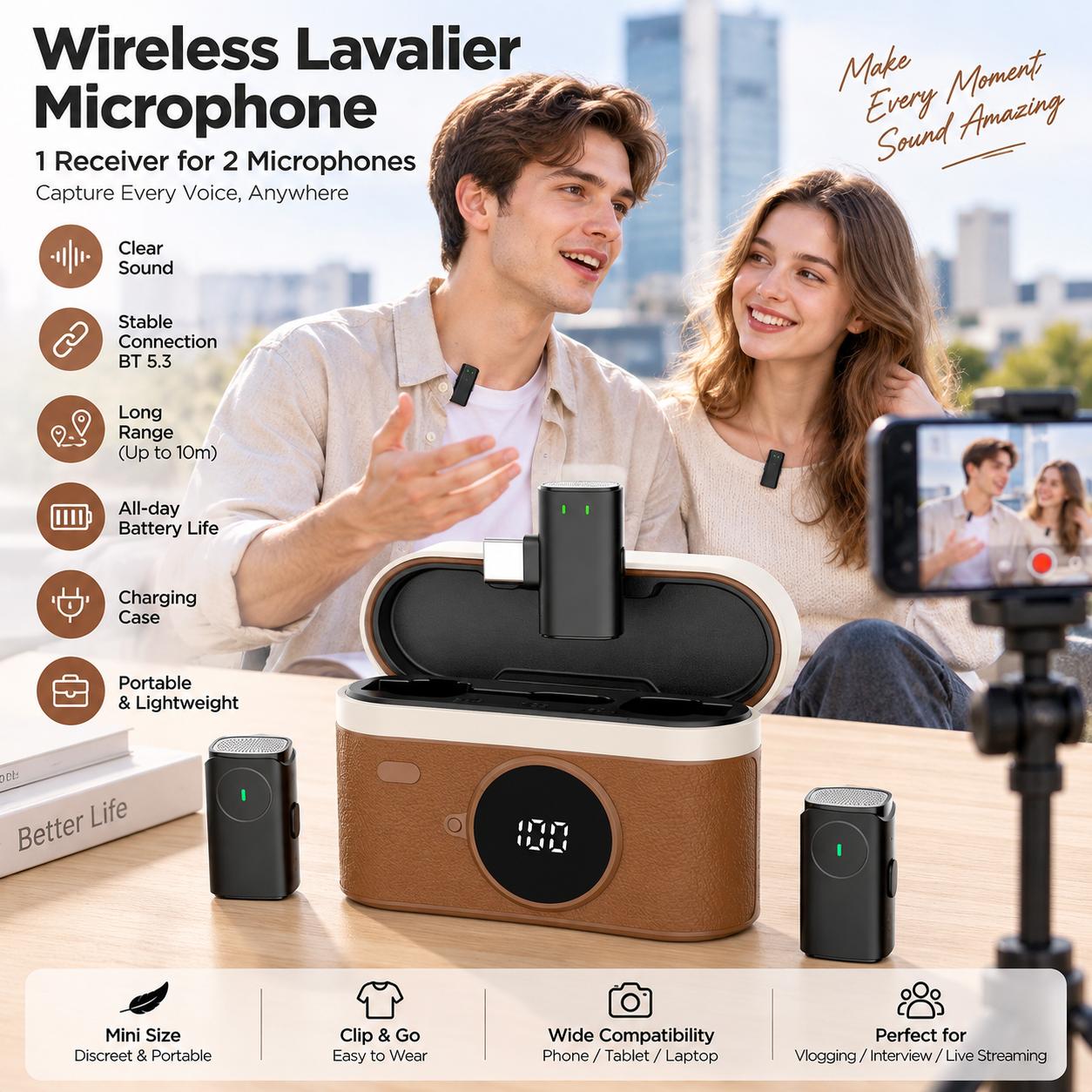 1-to-2 Wireless Lavalier Microphone Kit with Charging Case & Type-C Receiver