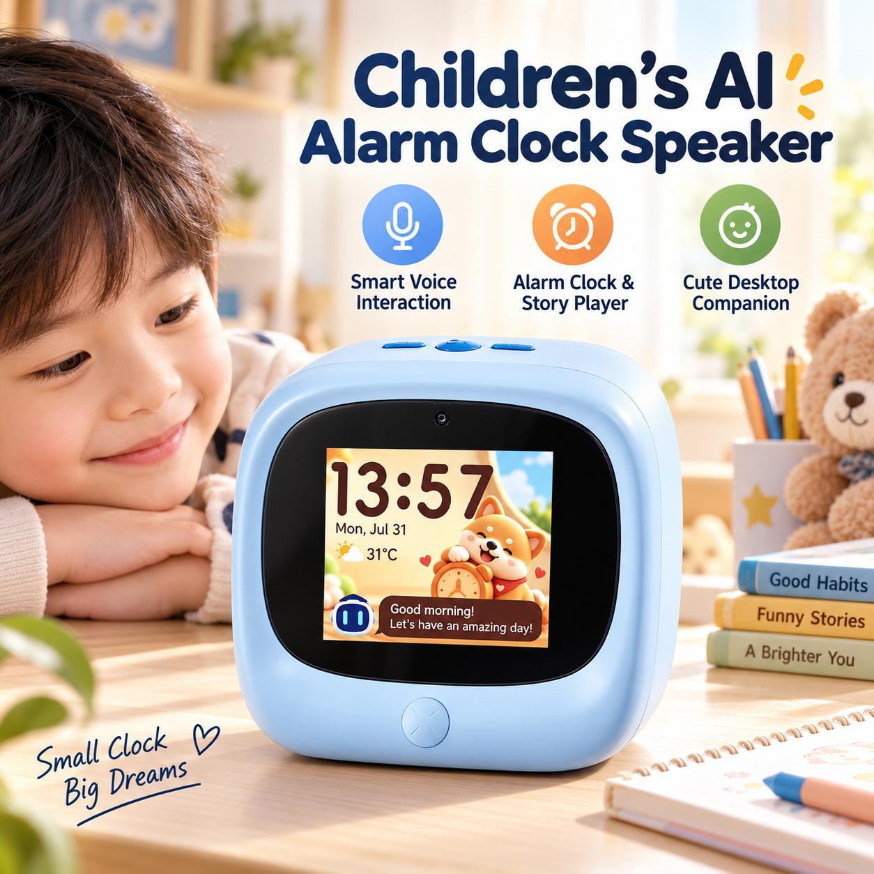 Kids AI Alarm Clock & Smart Desktop Speaker with Voice Interaction