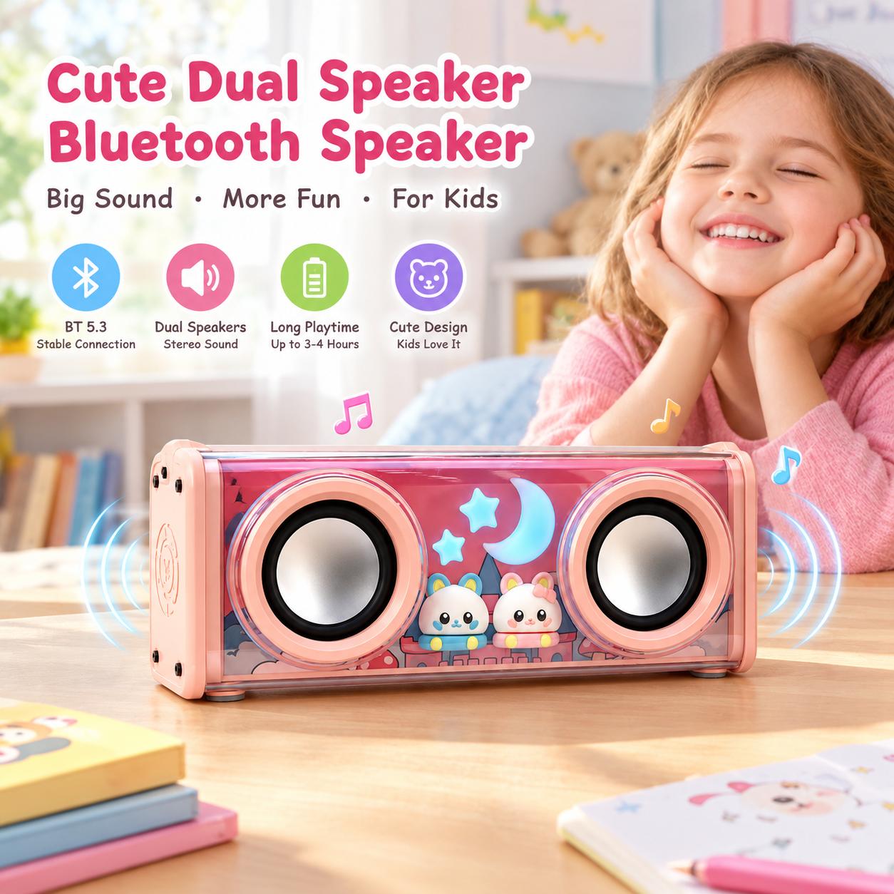 Gaodas V88Kids Bluetooth Speaker Portable Cute Dual Mini Wireless Speaker BT 5.3 Stereo Sound TF Card AUX Children Gift Party Outdoor