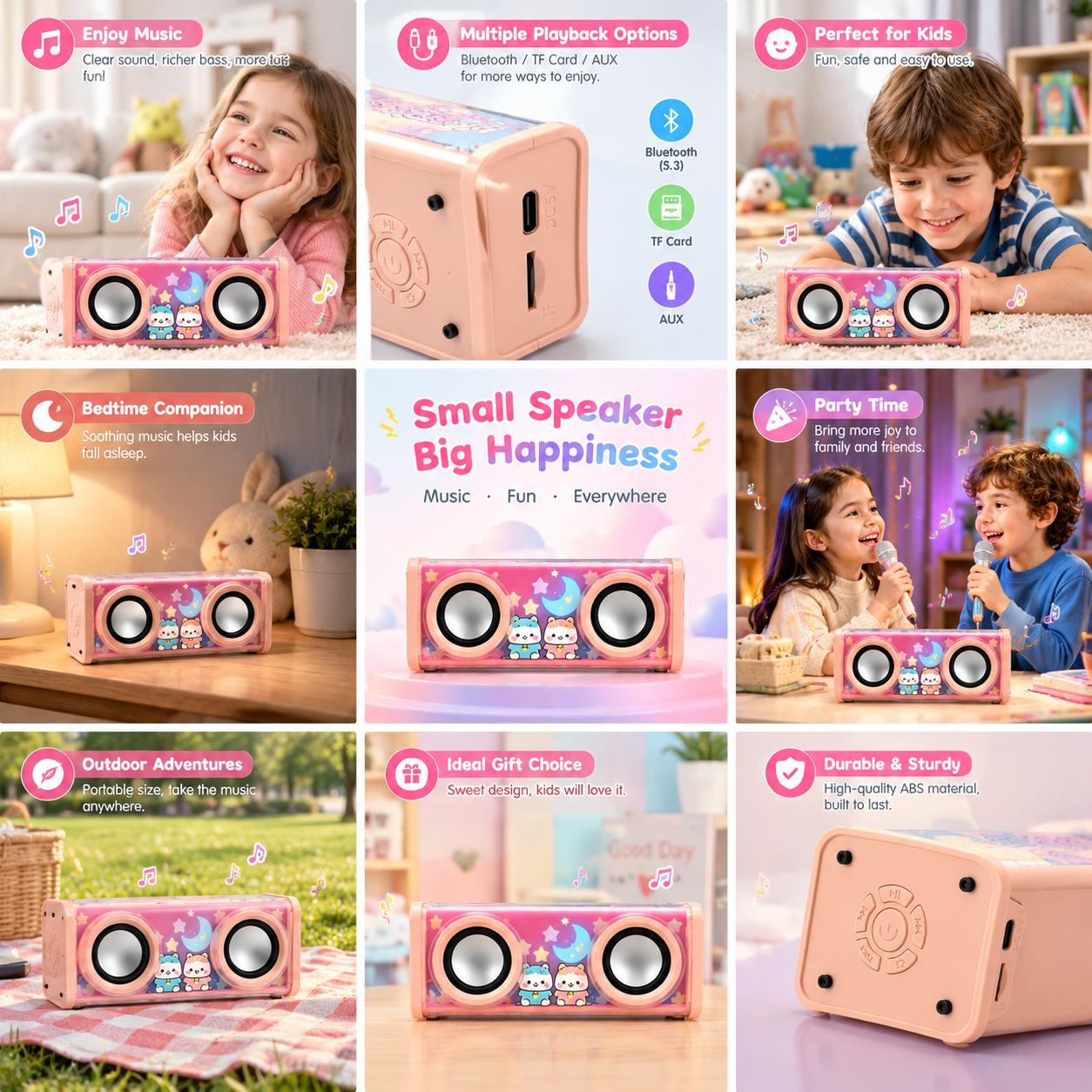 Mini Portable Kids Bluetooth Speaker Cute Dual Stereo Wireless Speaker BT 5.3 TF Card AUX Children Gift Party Outdoor Bedtime